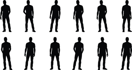 Male human silhouette collection in standing neutral poses isolated on white background for character design reference and commercial stock usage
