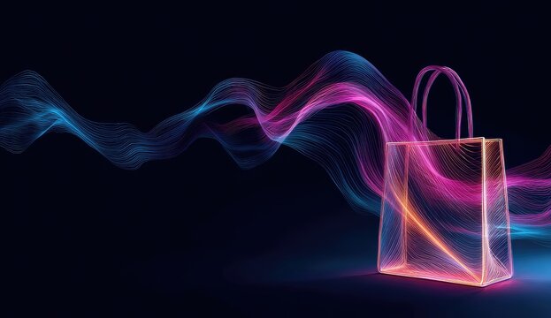Glowing ethereal gift bag with neon waves on a dark background