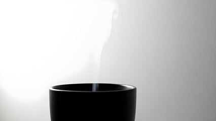 Steaming black mug against white backdrop conceptual image