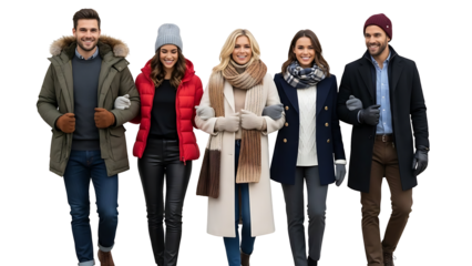 A group of five friends, dressed in warm winter clothing, are seen walking together with arms interlocked isolated on a transparent background