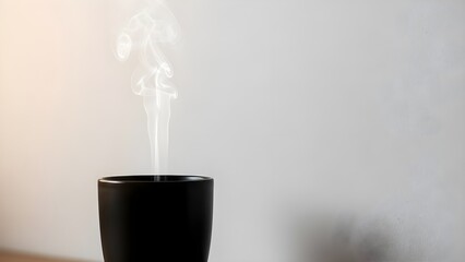 Steaming black mug with rising vapor against neutral background