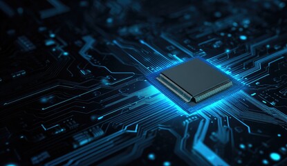 Close-up of a central processing unit (CPU) chip, glowing blue, on a circuit board