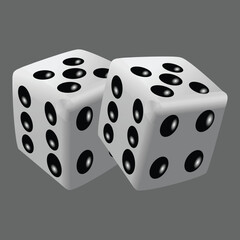 Dice Clipart – White Six-Sided Dice with Black Pips on Gray Background for Gaming & Probability Designs