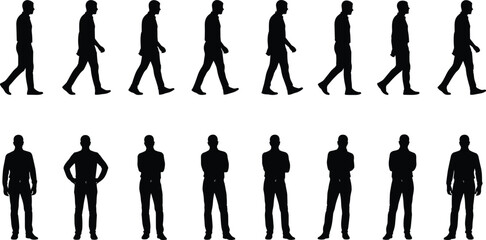 Male silhouette walking sequence and standing pose collection isolated on white background for motion reference character animation and commercial stock illustration use