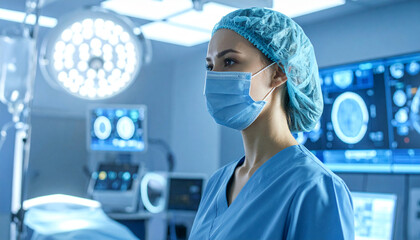 A focused female surgeon wearing a surgical mask and cap stands ready in a modern operating room illuminated by bright lights