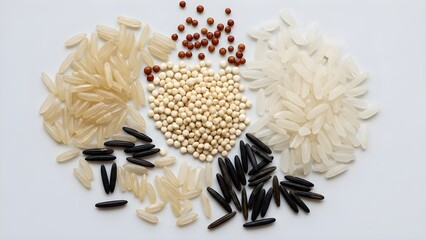 Variety of rice grains and seeds displayed on white background