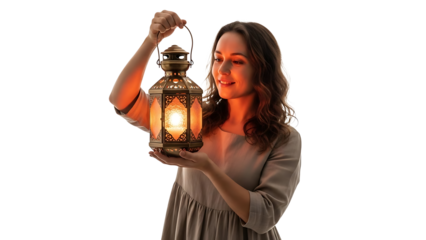 A woman holding a golden lantern with warm lighting illuminating her face. The lantern's intricate details showcase the warm glow, creating a captivating scene. isolated on a transparent background