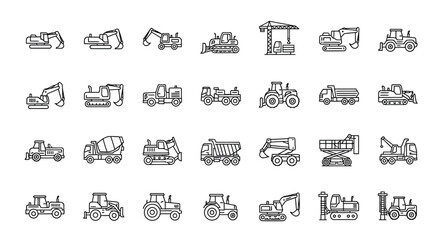 Construction vehicle icons showcasing heavy machinery used in building and infrastructure projects isolated on, representing industry