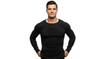 A confident man with arms on waist isolated on a transparent background