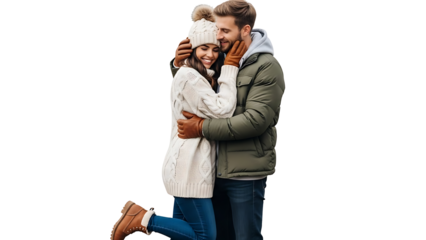 Couple embracing tenderly in warm winter attire, sharing a moment of love and connection. They are nestled in winter clothes. isolated on a transparent background
