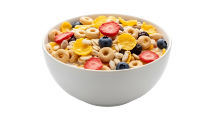 A colorful bowl of cereal with fresh berries and grains isolated on a transparent background