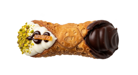Delicious Cannoli Pastry with Chocolate and Pistachios on Black Background dessert