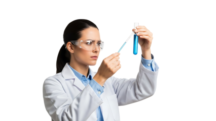 A focused scientist conducting an experiment with test tubes isolated on a transparent background