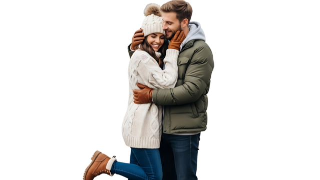Couple embracing tenderly in warm winter attire, sharing a moment of love and connection. They are nestled in winter clothes. isolated on a transparent background - Powered by Adobe