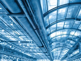 Obraz premium A perspective of a modern ceiling with pipes and a glass ceiling, illuminated by natural light