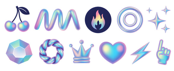 Holographic Emblems: A collection of vibrant, holographic symbols, each reflecting light in a spectrum of colors, offering a sense of modern, futuristic aesthetic.
