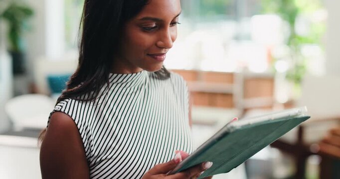 Creative, woman and scroll with tablet in office for research, proofreading and update draft. Female person, digital and editor feedback on magazine, story submission and information for publication