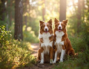 Two dogs sitting in a sunlit forest path
