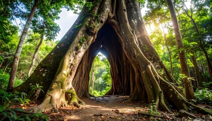 Sunlight filtering through a massive jungle tree root archway