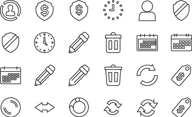 Essential Outline Vector Icon Set Collection: Security, Finance, Time, User Profile, Calendar, Edit, Delete, Refresh, and Pricing Symbols for Interface Design.