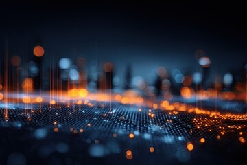 A cityscape illustration showcasing digital data streams and bokeh effects