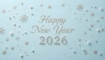 Happy new year 2026 greeting with snowflakes and ornaments