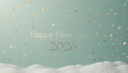 Happy new year 2026 greeting with snow and confetti