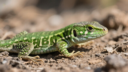 Naklejka premium Green lizard on dry ground
