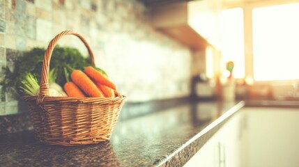 Fresh vegetables in a basket on a kitchen counter near a window