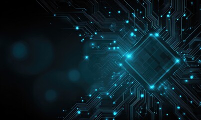 Futuristic digital circuit board with a central glowing square and electric blue accents