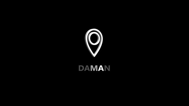 Daman map location pin animation. Location rotation. White location the name of the place with the location has been displayed. Daman Highlight GPS location tracking icon, 4k video