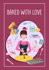 Vector baking poster and card featuring a woman decorating cupcakes surrounded by kitchen tools and ingredients. Baking background for bakery ads, dessert recipes, cooking classes, and food blogs.