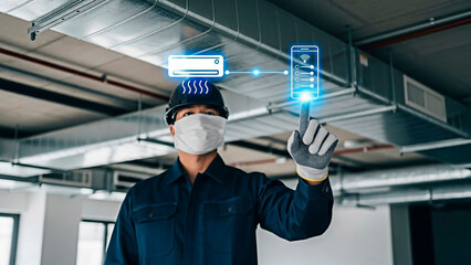 An engineer using a virtual interface for concept of technological advancement.