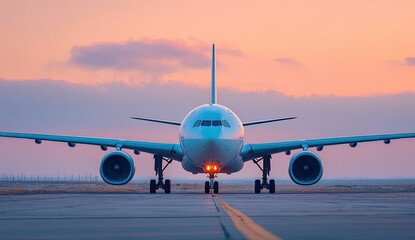 Naklejka premium Airplane on a tarmac facing the viewer with wings outstretched under a beautiful sunset sky