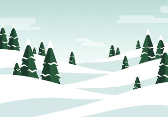 Winter Landscape with Green Pine Clusters