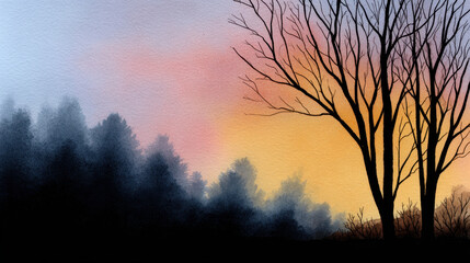 Fototapeta premium Misty forest sunrise silhouette tree watercolor landscape evokes calm