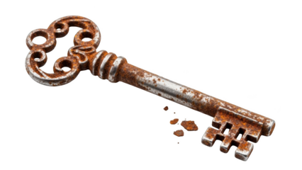 Rusty antique skeleton key with broken bits on black background graphic design