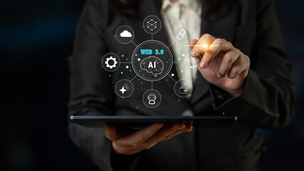 The Web 3.0 technology ecosystem, the next generation of the internet. A concept of a decentralized web with AI, blockchain, NFT, and cryptocurrency. Motif