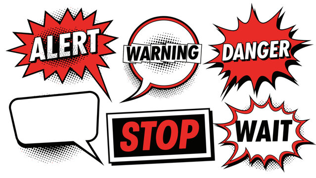 Comic warning signs set alert danger wait and stop vector illustration