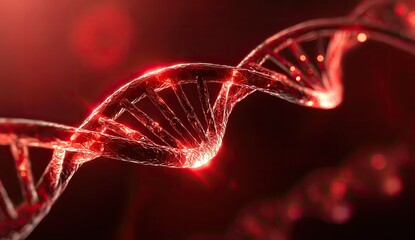 Close-up view of a glowing red DNA double helix, symbolizing genetics and biological structures