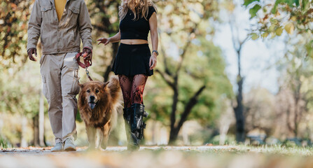 A couple strolls a golden retriever through a sunlit park on an autumn day.
