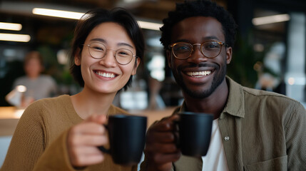 Coworkers raising coffee mugs in a casual toast to their new teammate, smiling and laughing together — a joyful image of camaraderie, shared values, and strong workplace relationships that support