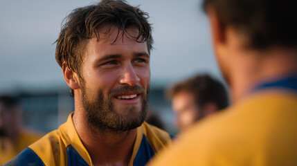 Close-up of drenched faces smiling through exhaustion — storytelling of loyalty, community, and the pure, gritty joy that defines rugby fandom. cinematic color correction, natural uneven lighting
