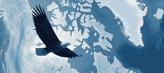 Eagle flying with Canada and Greenland map. Generative AI technology.