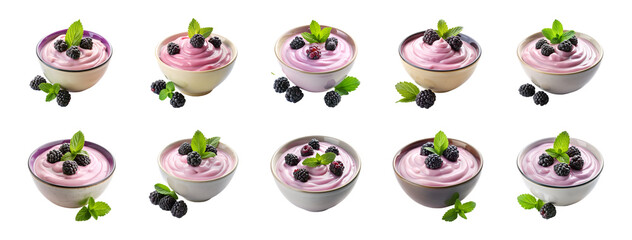Obraz premium Collection of Blackberry yoghurt in bowl isolated on transparent background