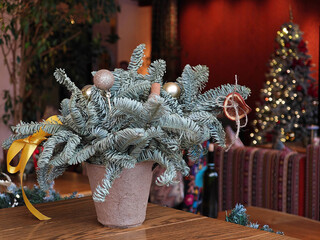 Christmas tree decor in warm public interior with close-up ornament details.