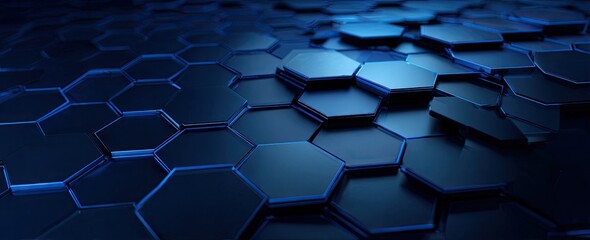 Abstract A dark blue field of interconnected hexagonal tiles with subtle lighting
