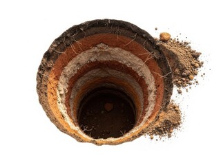 Cross section of soil layers isolated on white background shows the soil texture