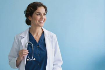 Smiling female doctor in white coat holding stethoscope against blue background