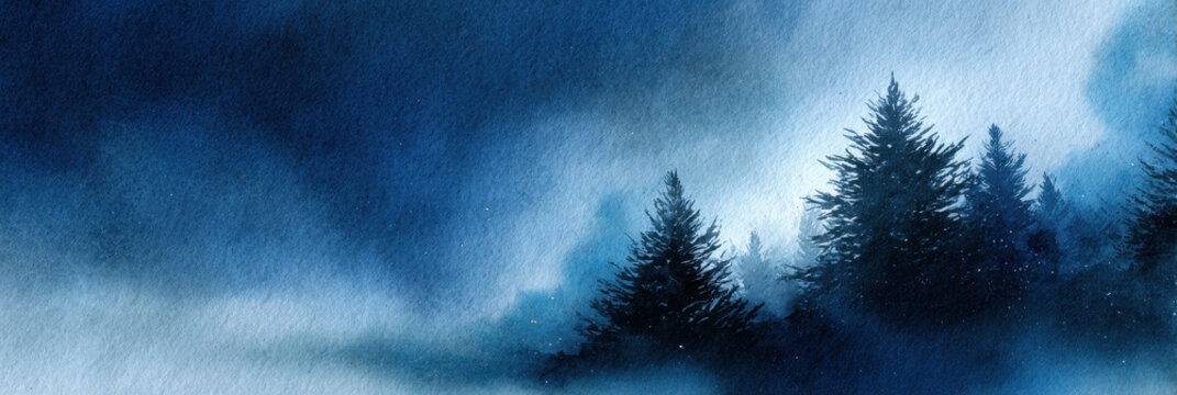 Misty forest blue watercolor night sky pine tree moody landscape with calm feeling